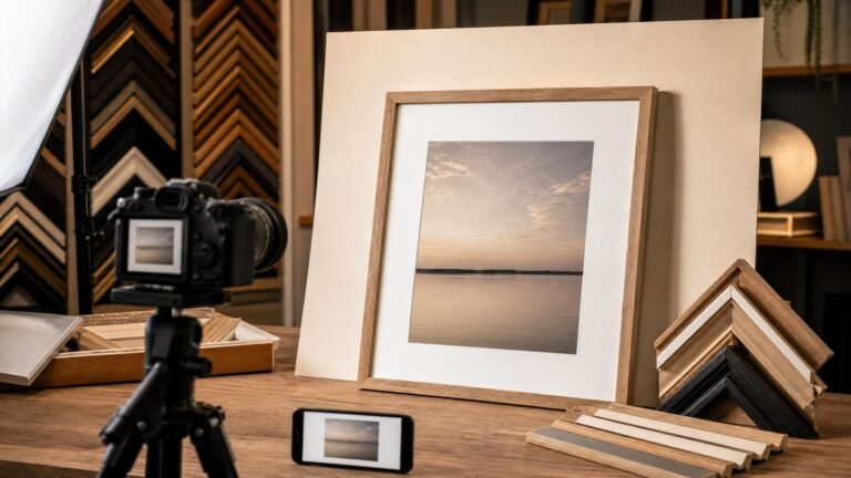 Produção fotográfica de quadro emoldurado com câmera e luz difusa