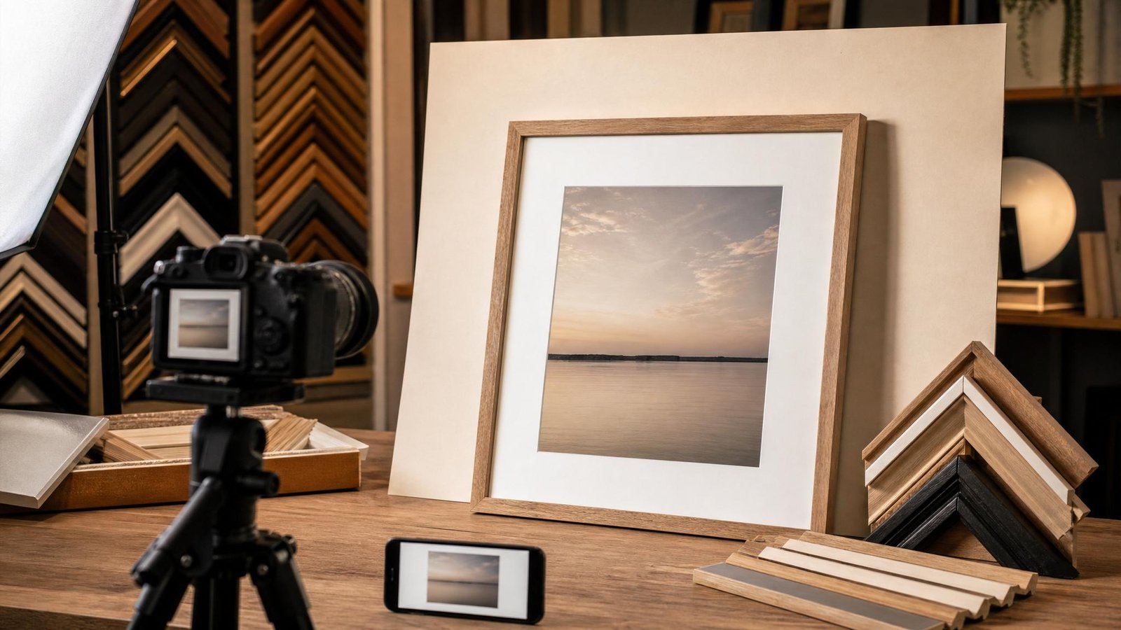 Produção fotográfica de quadro emoldurado com câmera e luz difusa