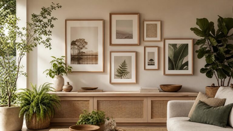 Sala com plantas naturais e quadros em molduras de madeira