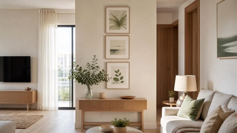 Apartamento pequeno com composição vertical de quadros emoldurados acima de aparador