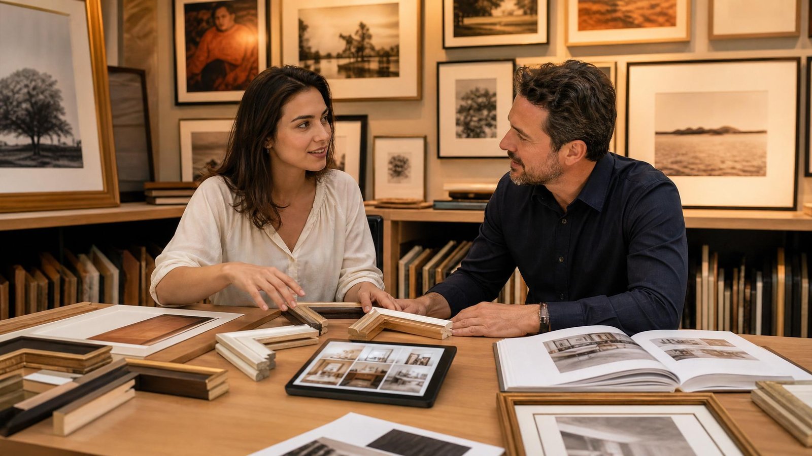 Reunião em molduraria com amostras para parceria com arquitetos e decoradores