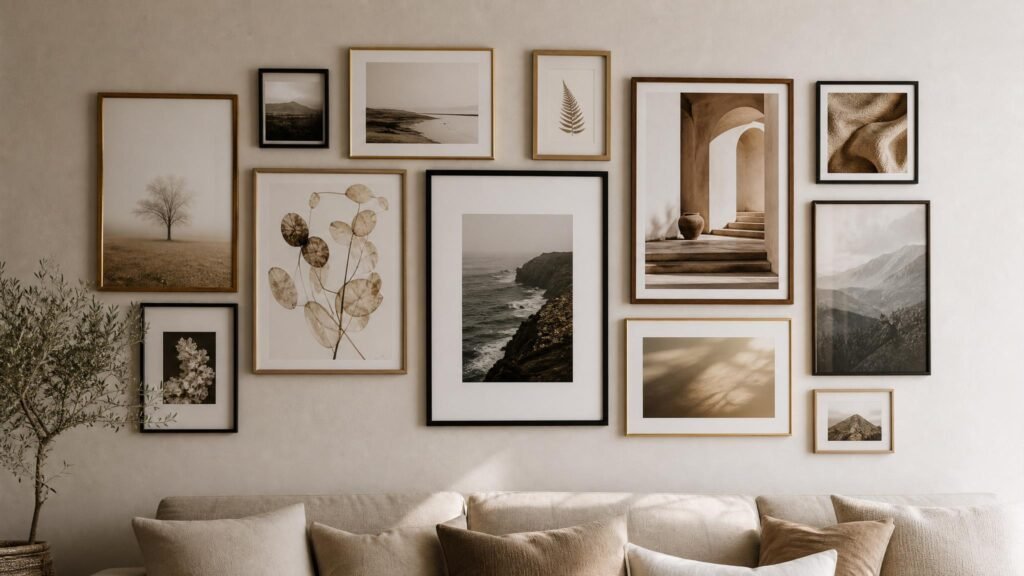 Parede galeria com quadros em molduras variadas e composição equilibrada