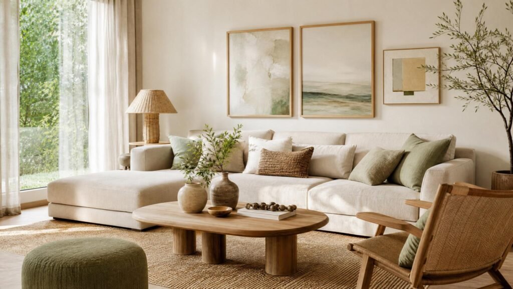 Sala acolhedora em tons naturais com quadros em molduras discretas