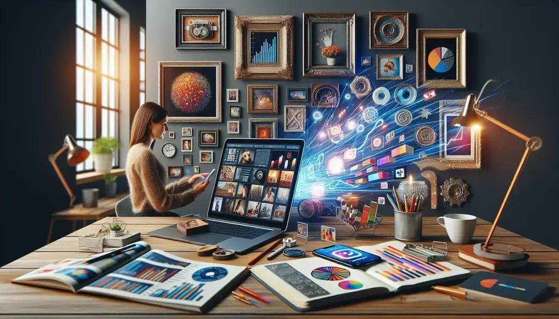 Mostruário de molduras usado em conteúdo de redes sociais para explicar acabamento, composição e repertório visual ao cliente