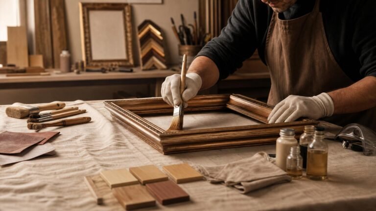 Pintura e acabamento de molduras com preparo técnico e controle de qualidade na bancada