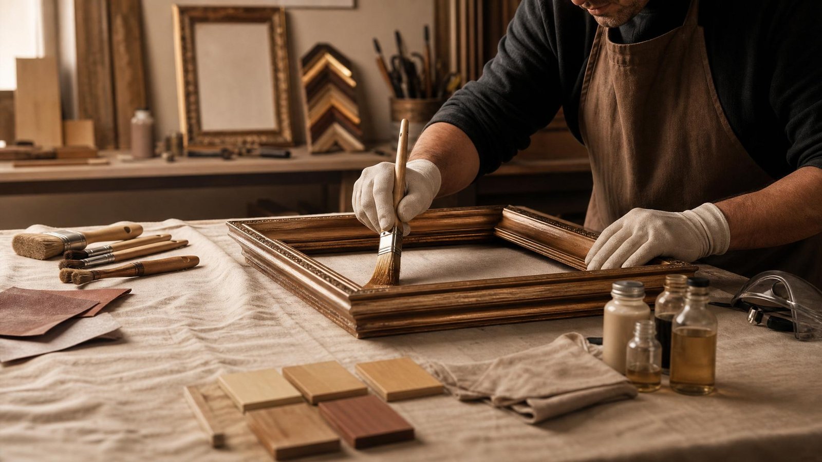 Pintura e acabamento de molduras com preparo técnico e controle de qualidade na bancada