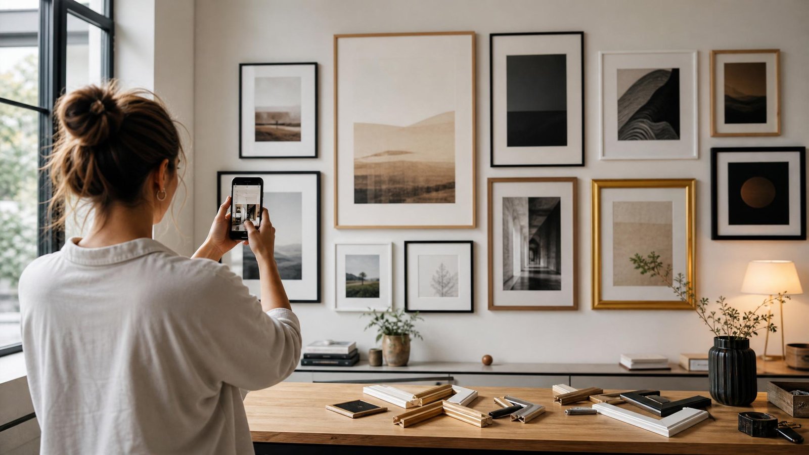 Fotografia de parede de quadros para portfólio de molduraria