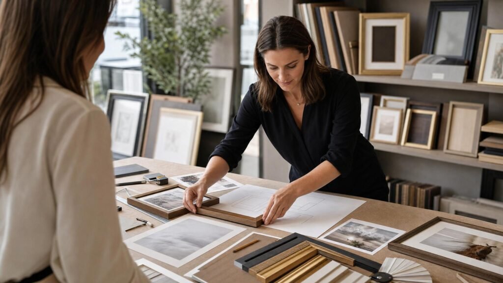 Composição de quadros sendo planejada em mesa de atendimento