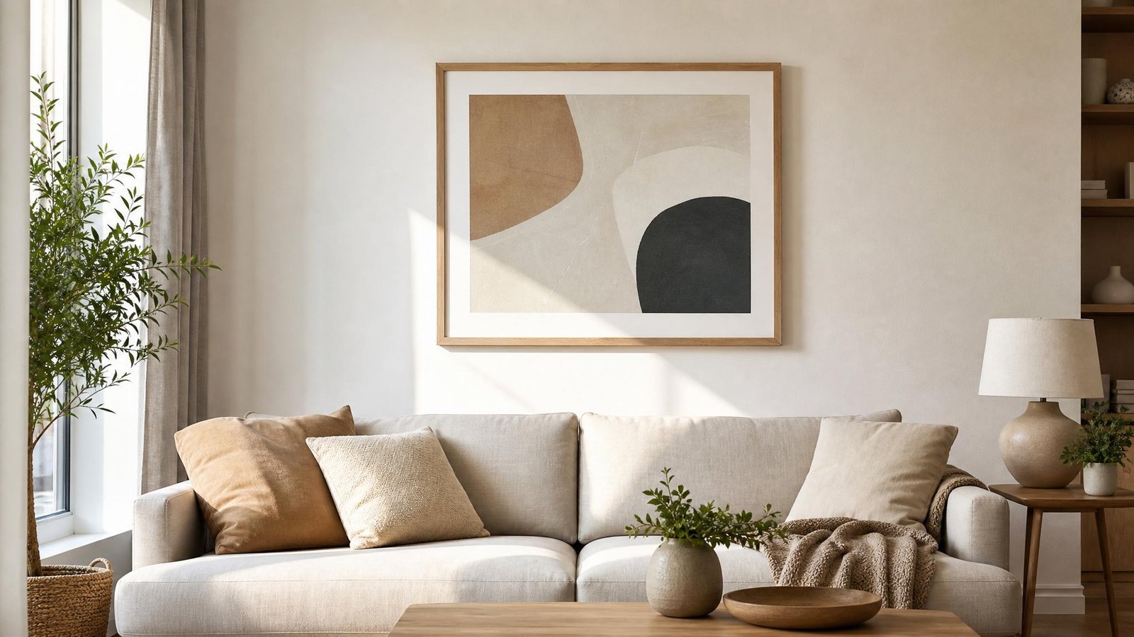 Sala clara com quadro em moldura minimalista de madeira