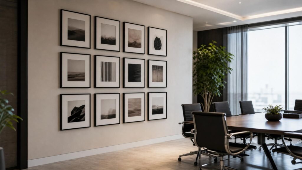 Ambiente corporativo com quadros emoldurados padronizados