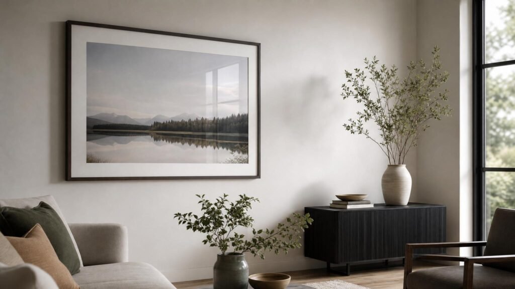 Quadro em moldura discreta perto de janela iluminada