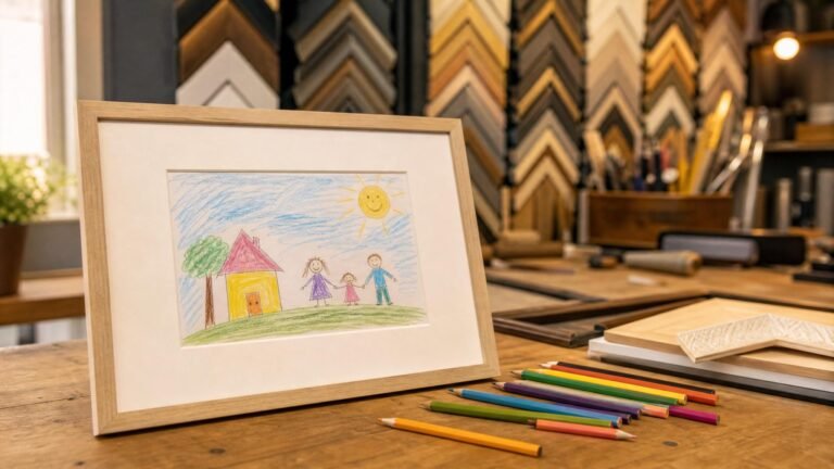 Arte infantil colorida emoldurada com passe-partout claro