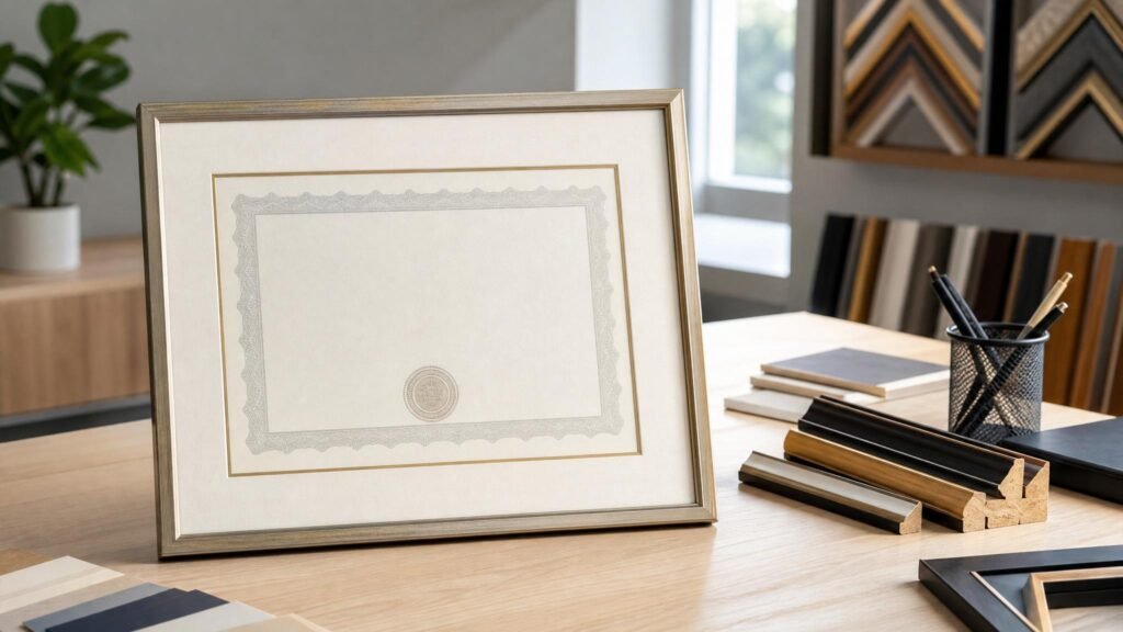Diploma com moldura discreta e passe-partout claro