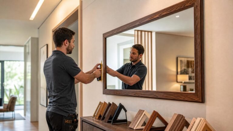 Espelho com moldura de madeira instalado em hall de entrada