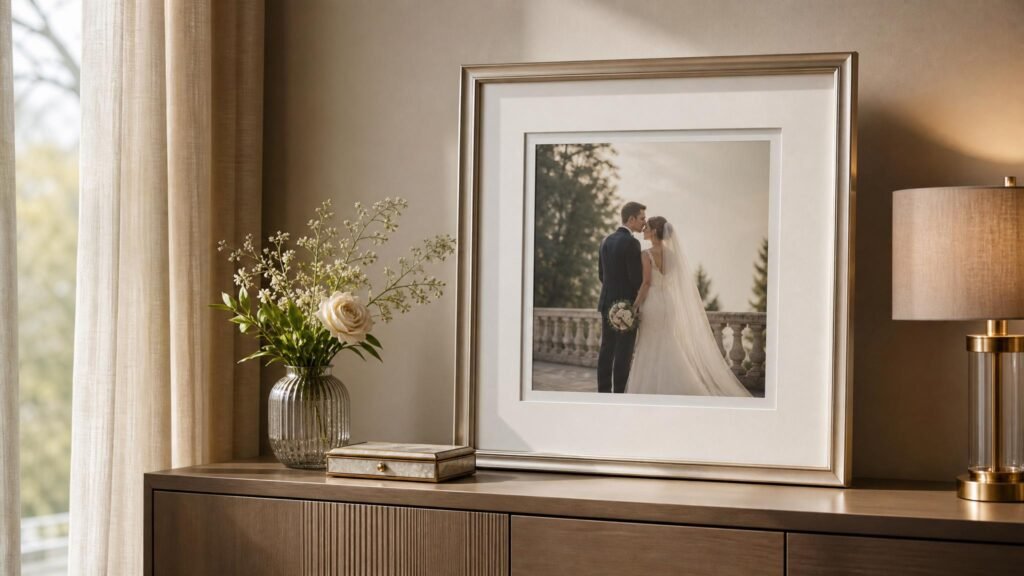 Foto de casamento em moldura clara com passe-partout