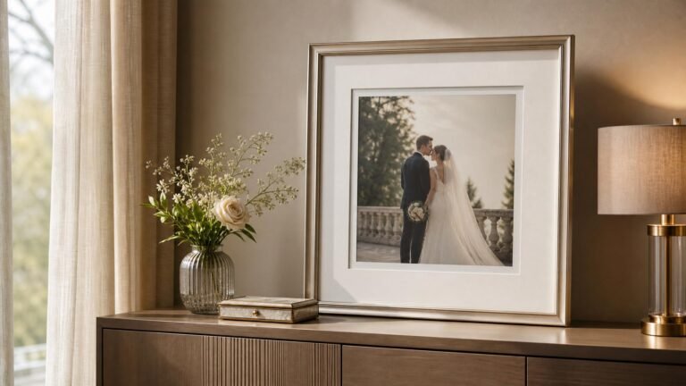 Foto de casamento em moldura clara com passe-partout
