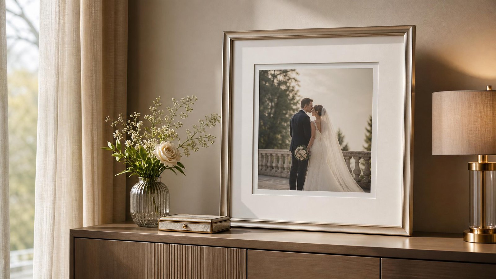 Foto de casamento em moldura clara com passe-partout