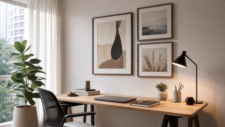 Molduras para home office pequeno acima da escrivaninha