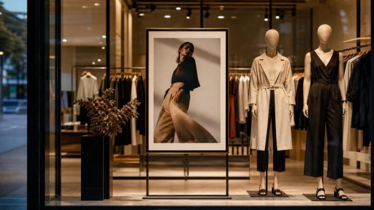 Loja de roupa com cartaz de campanha emoldurado na vitrine