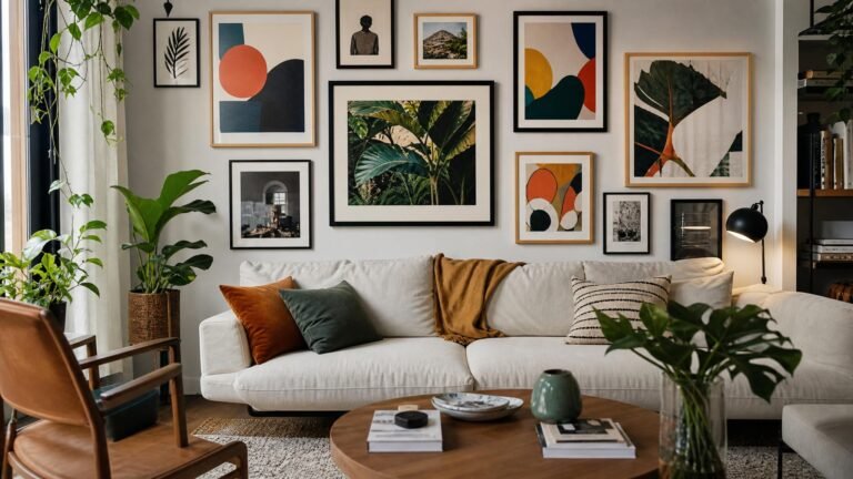 Parede jovem com pôsteres e prints em molduras modernas