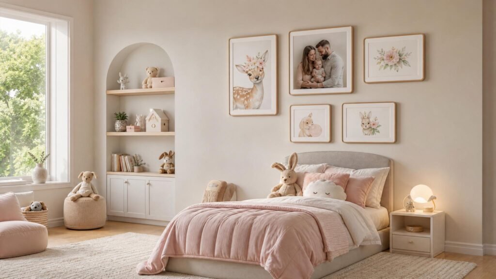 Molduras para quarto infantil com ilustrações e retratos em parede clara