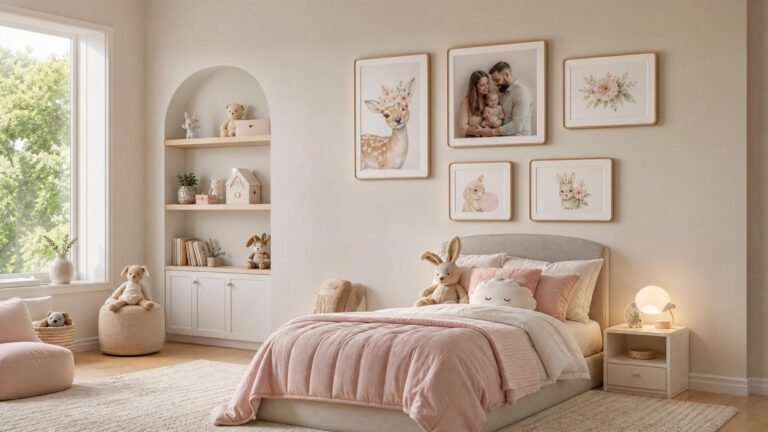 Molduras para quarto infantil com ilustrações e retratos em parede clara