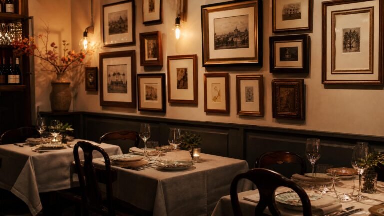 Parede de restaurante com molduras de madeira e iluminação quente