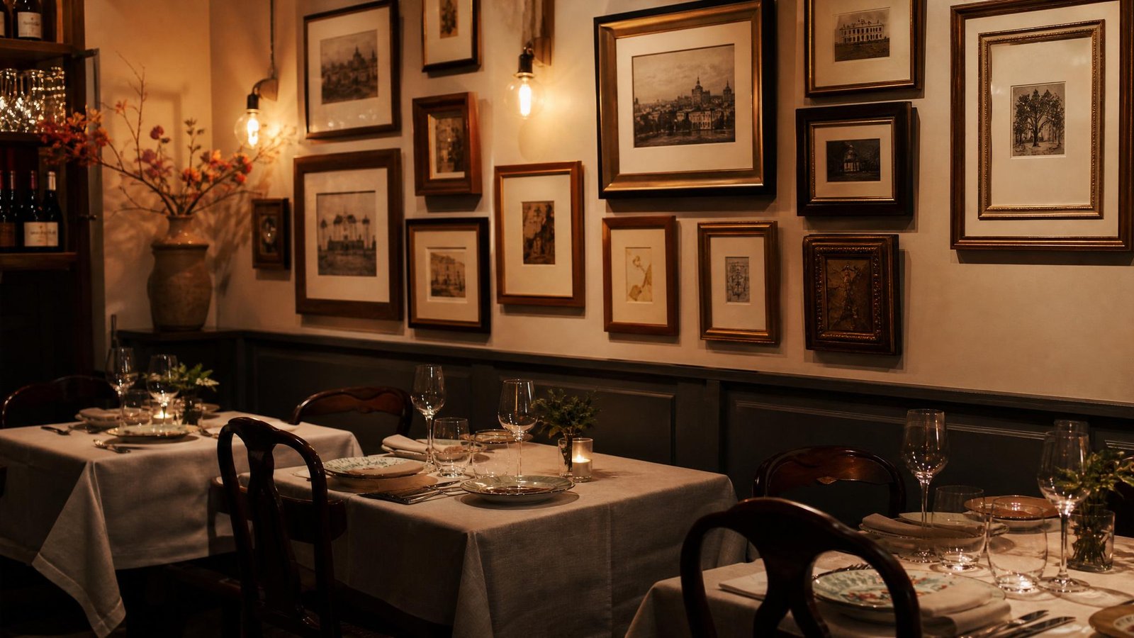 Parede de restaurante com molduras de madeira e iluminação quente