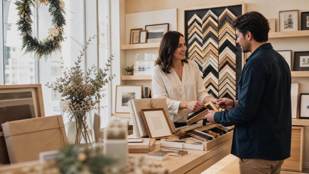 Vitrine de molduraria com oferta sazonal organizada