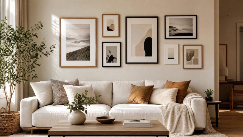 Parede de quadros para sala com composição acima do sofá