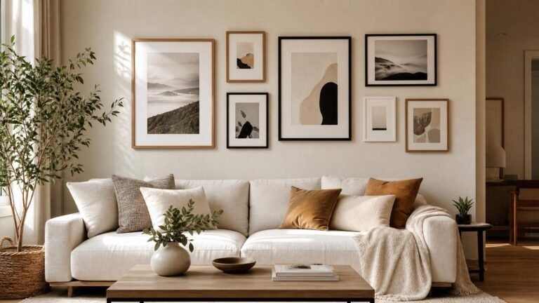 Parede de quadros para sala com composição acima do sofá