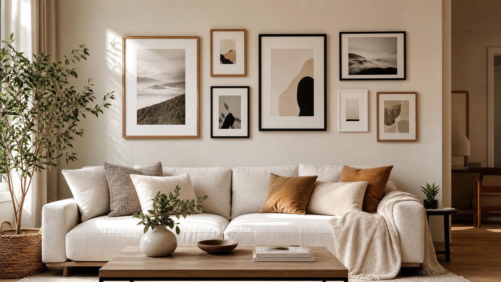 Parede de quadros para sala com composição acima do sofá
