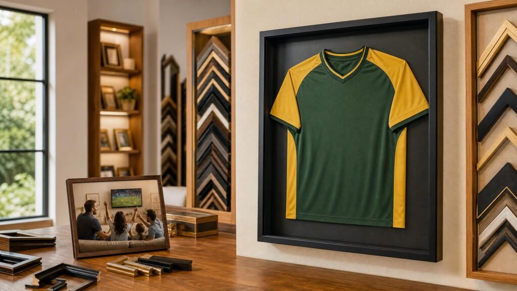 Camisa de futebol emoldurada em caixa alta para campanha de Copa na molduraria
