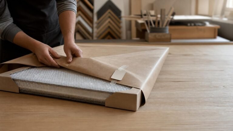 Moldura protegida para transporte com cantoneiras, papel kraft e acabamento preservado