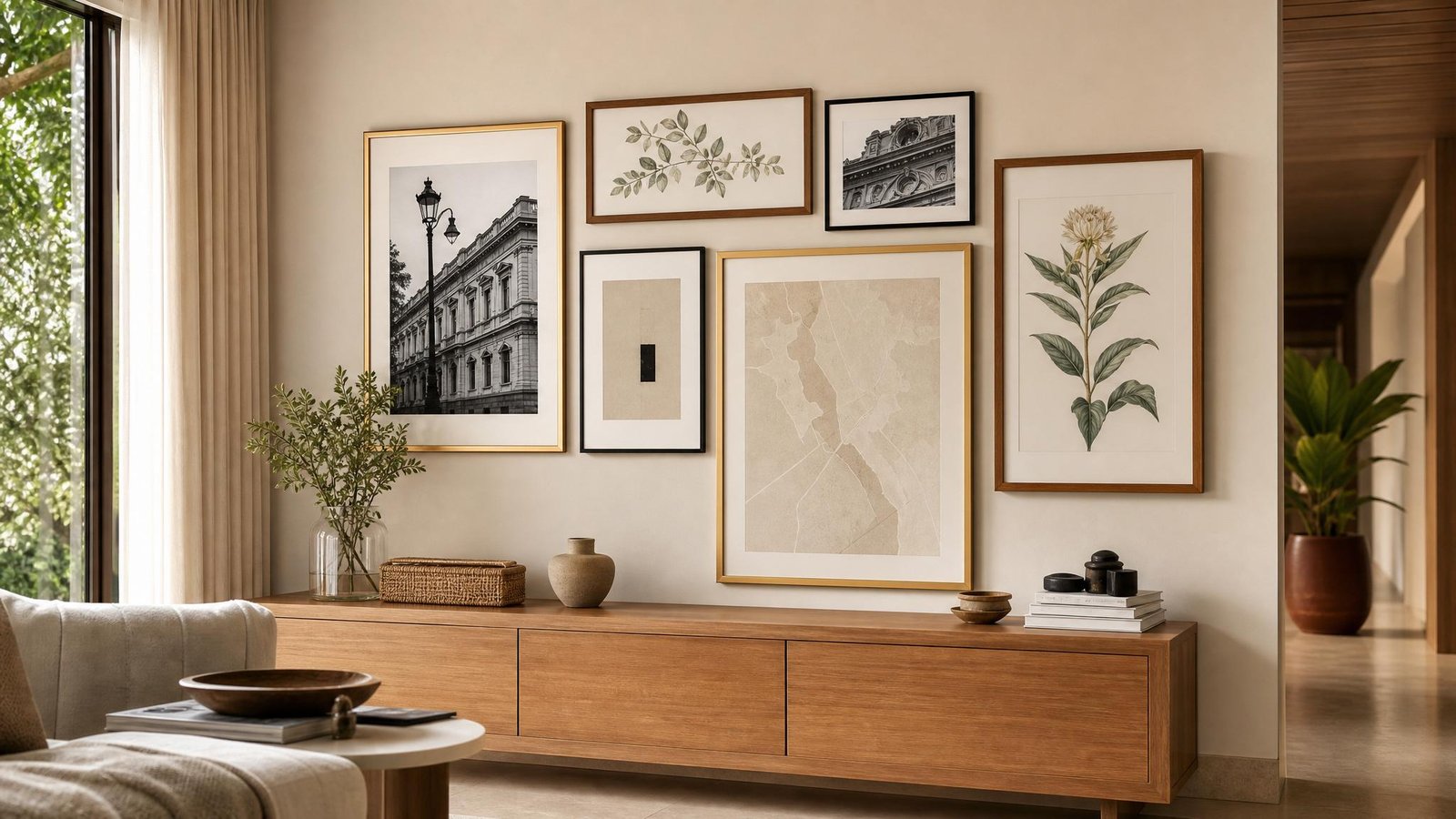 Composição de quadros clássicos com fotografias botânicos mapas e arte neutra