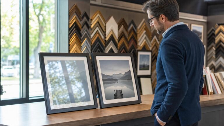 Comparação de vidro comum e vidro antirreflexo em quadro na molduraria